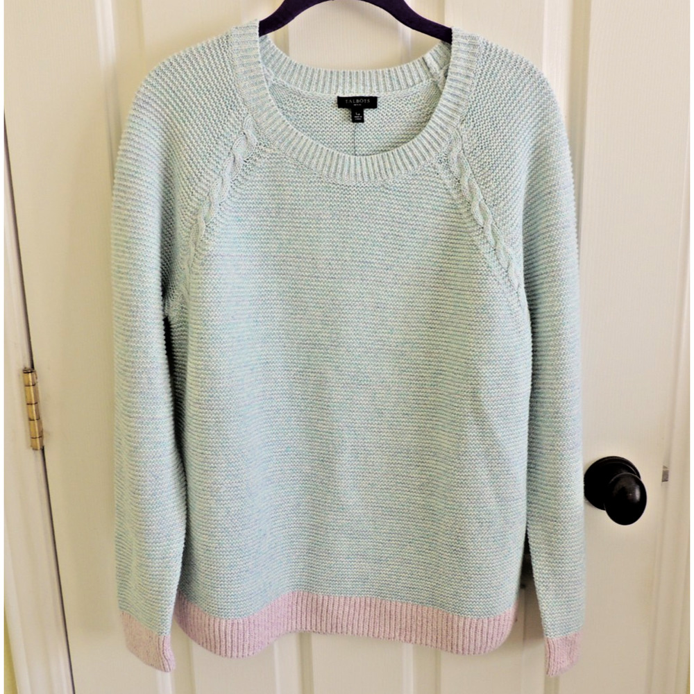 Talbots Large Petite Sweater Green Pink Cable Details NWT
